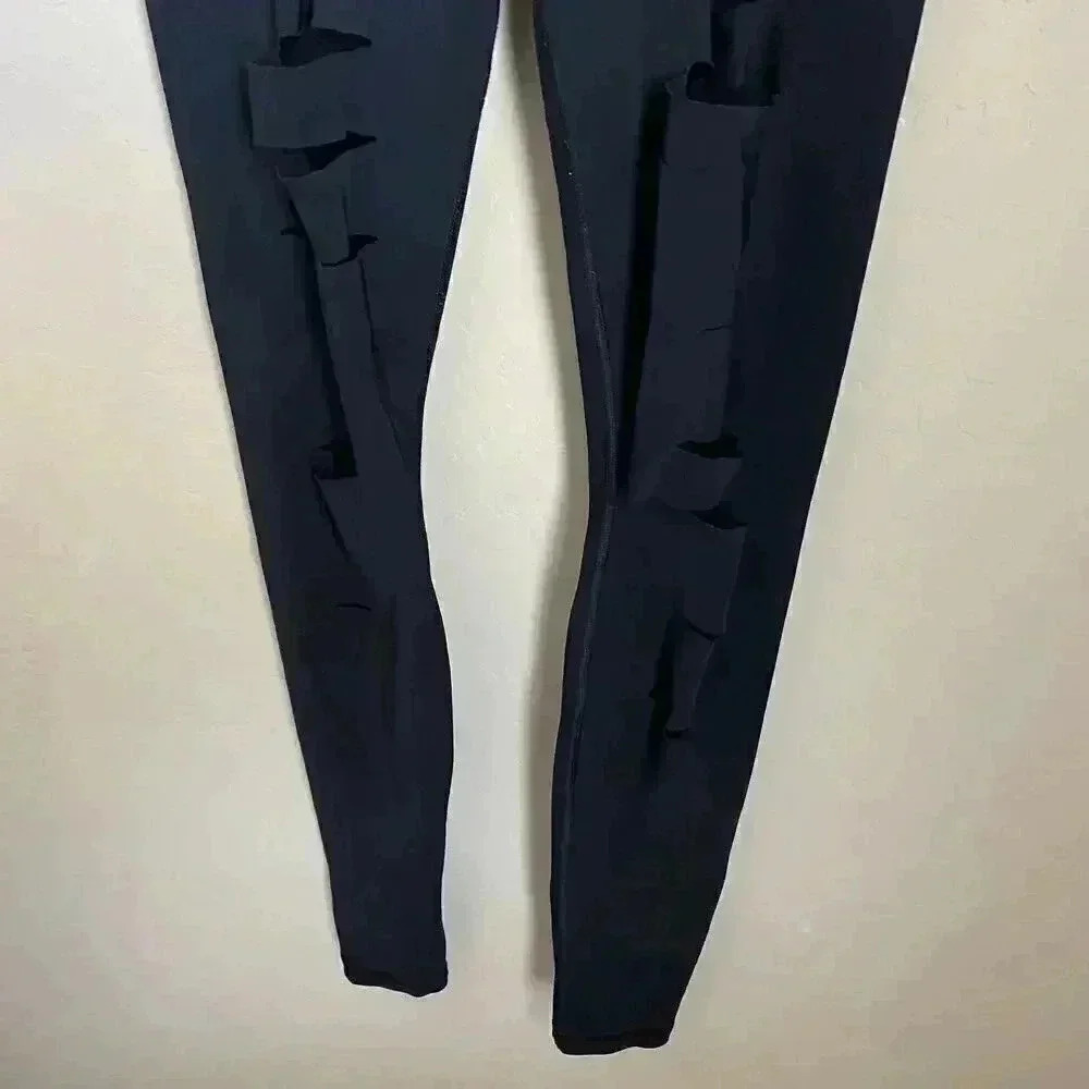 Alo Yoga High Waist Ripped Warrior Leggings Black Laser Cut Distressed Yoga S - Picture 5 of 15